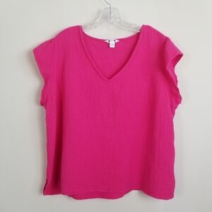 Three Dots Textured Flutter Sleeve V Neck Top XXL